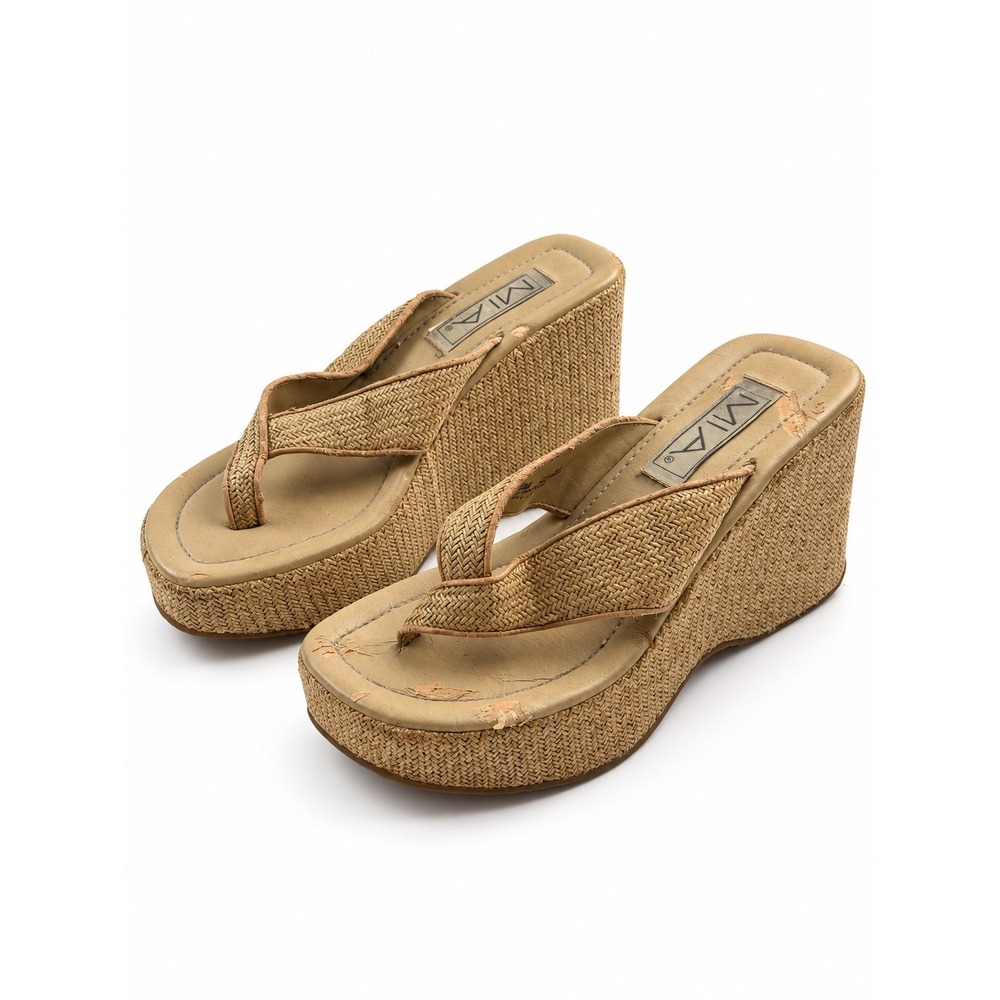 MIA Vintage Y2K Tan Woven Raffia Platform Wedge Thong Sandals Women's Size 8.5